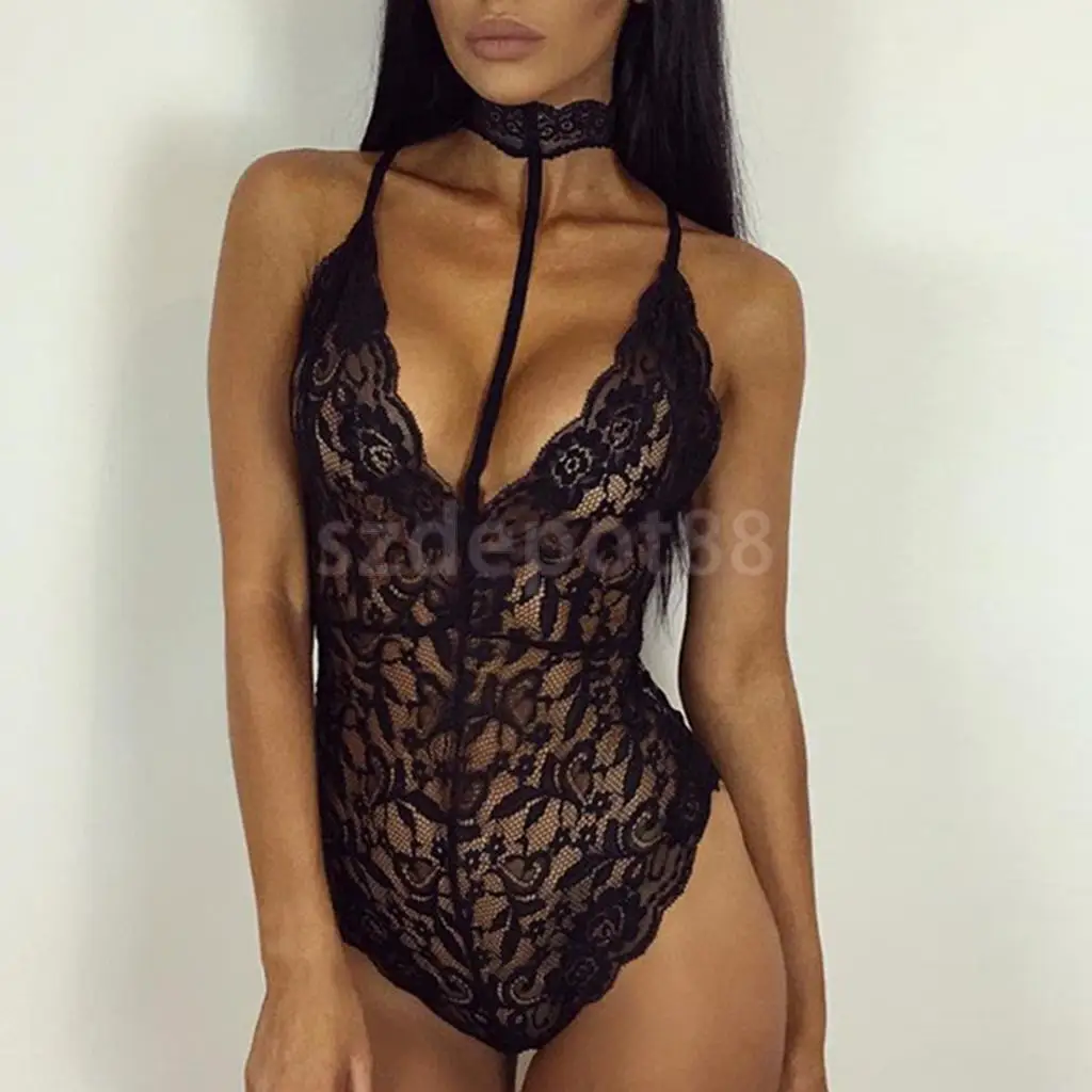 Sexy Women Lace Bodysuit One Piece Choker Teddy Lingerie Babydoll Lace Tops Red/Black