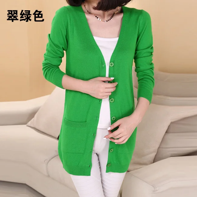 Новая мода весна осень кашемировый смешанный кардиган женский длинный рукав вязаный свободный жакет длинное пальто кардиган свитер - Цвет: Emerald