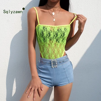 

Neon Watermelon Green Lace Bodysuit Sexy Transparent Mesh Body Women Top Floral Backless Bodycon Jumpsuit Summer Nightclub 2019