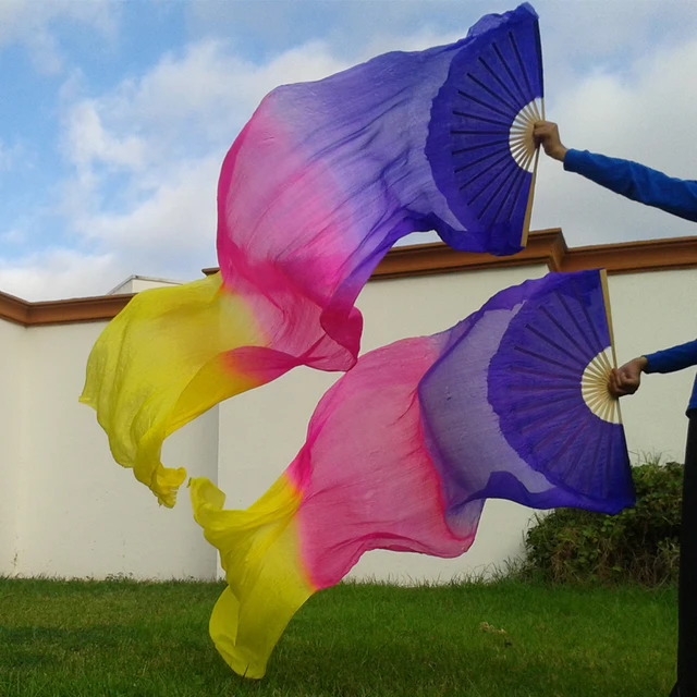 Unisex 100% Real/Imitation Silk Belly Dance Fans Hand Belly Dancing Fans Handmade Hand Dyed Silk Chinese Dance Veil Fan 180x90cm as picture-23