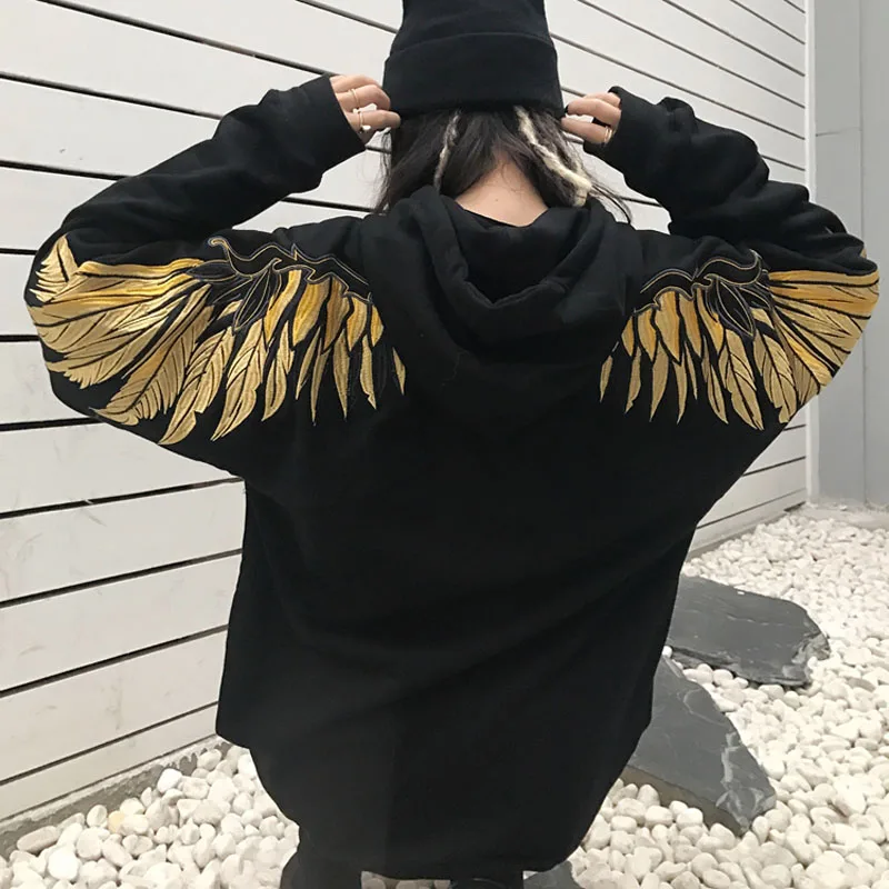 2018хип-хоп золотая нить вышивка Крылья больше добавить шерсть флис одиночный для мужчин и женщин влюбленных наборы свободные BF Толстовка Куртка