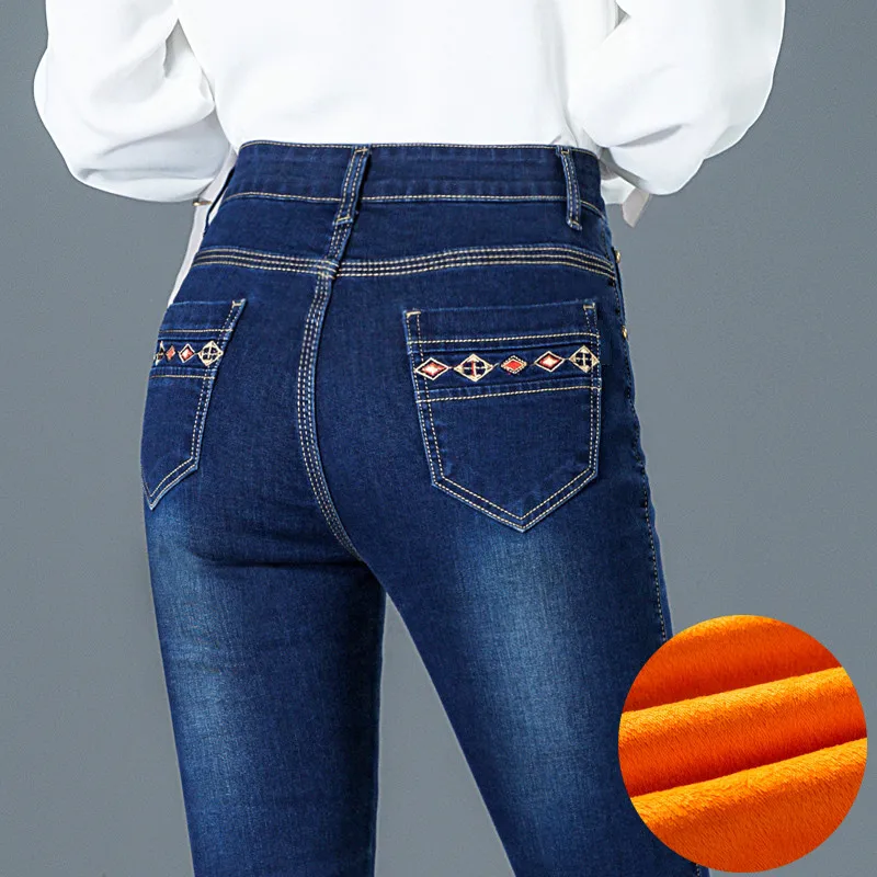 

2019 Winter Jeans Women Plus Size High Waist Velvet Jeans Ladies High Waist Straight Mom Jeans For Women Warm Jeans