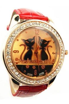 

YCYS!Rhinestone Double Cats Decoration Wrist Watch Red