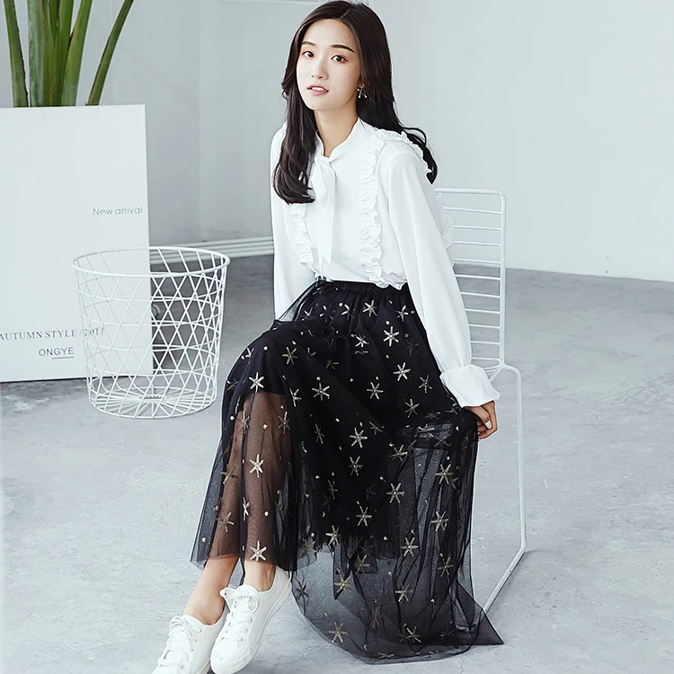 En la primavera de 2019 negro faldas de verano para estilo coreano mujeres harajuku Luna retro tendencia lentejuelas brillante gasa Falda larga las mujeres|long skirt|long skirts stylesstyle skirt - AliExpress