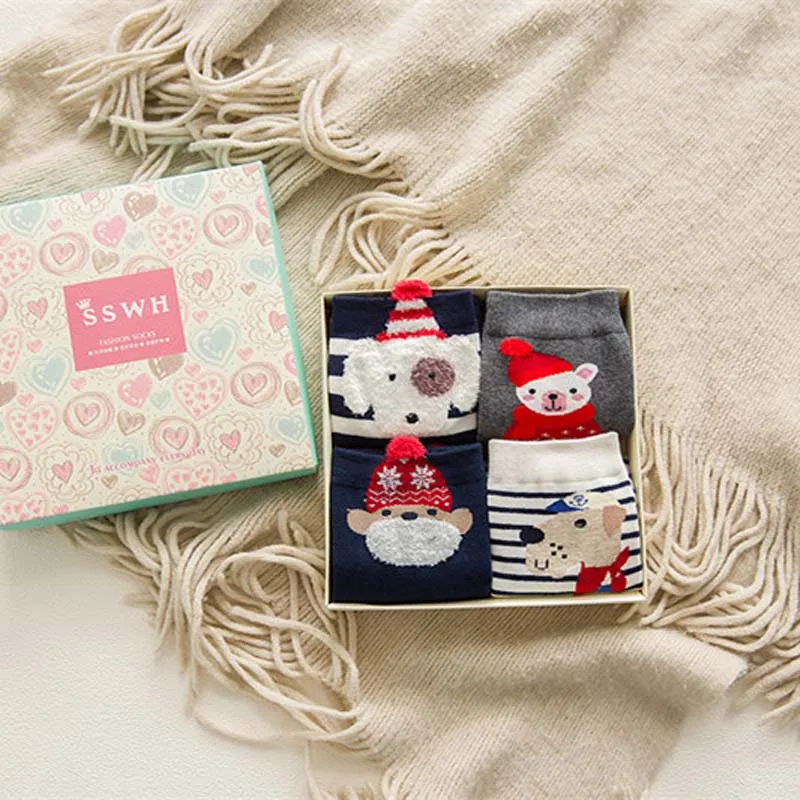 Рождественские женские хлопковые носки, женские зимние носки с мультипликационным принтом, посылка, подарок, женские носки, рождественские носки, Подарочная коробка, 4 пары в одной коробке