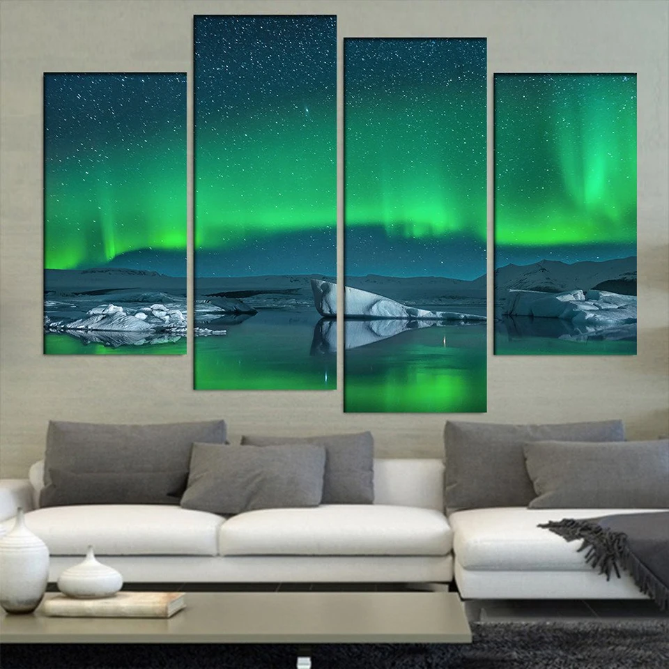 Canvas Living Room Frame HD Home Decor 4 Panel Iceland Northern Lights