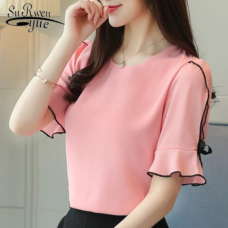 

fashion 2019 chiffon women blouse shirt bow short sleeve sweet women's clothing pink o-neck summer feminine tops blusas D621 30