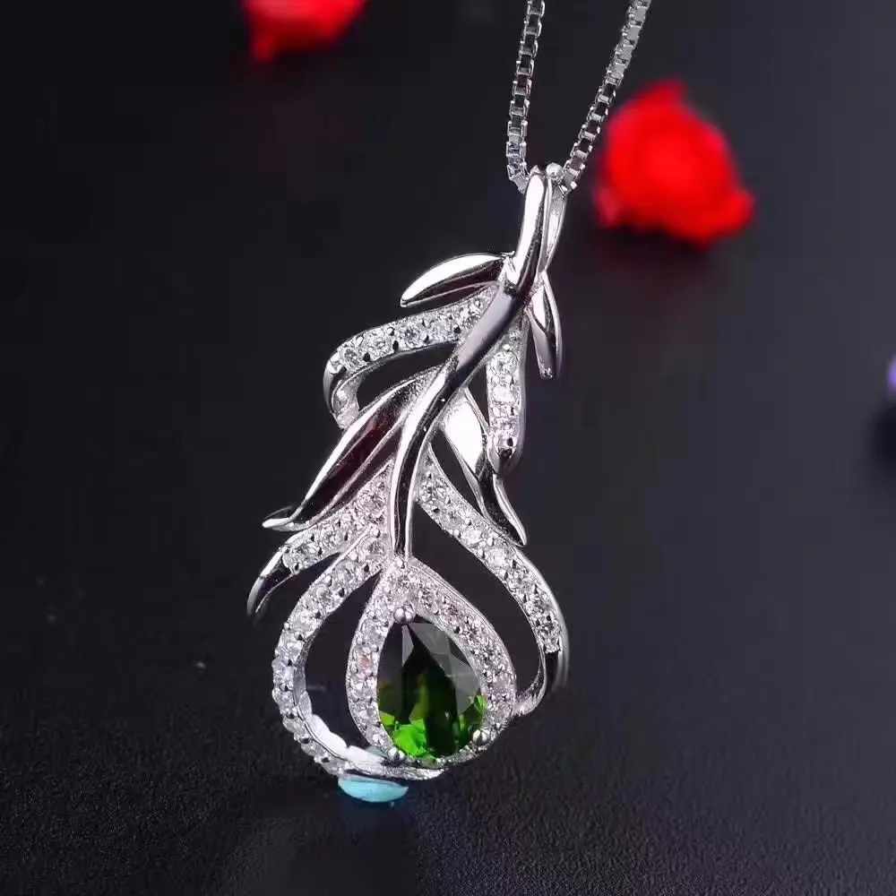Верность естественно 4*6 мм диопсид s925 серебро редко перо fine jewelry наборы для женщин вечерние натуральный зеленый драгоценный камень