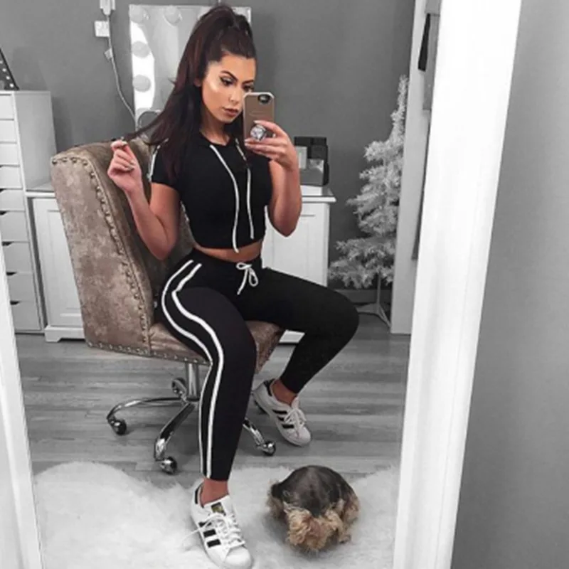  Womens Track Suit With Hood Crop Top and Legging Pants 2 Piece Set Summer 2019 Fashion Ladies Cotto