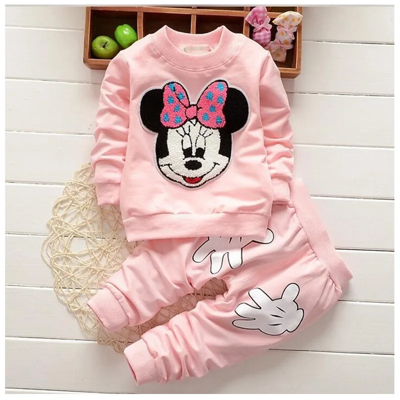 Комплекты одежды для маленьких девочек весенние хлопковые комплекты одежды для девочек с Минни детская одежда с длинными рукавами и вышивкой для детей от 1 до 3 лет - Цвет: pink