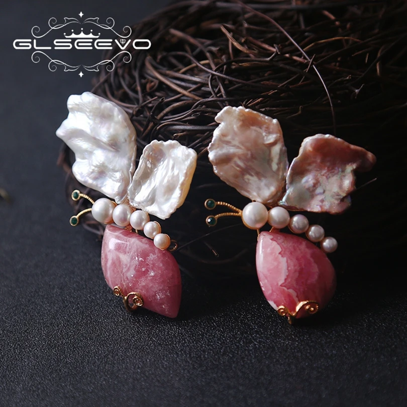 

GLSEEVO Natural Fresh Water Baroque Pearl Butterfly Brooch Pins Rhodochrosite Brooches For Women Dual Use Fine Jewelry GO0201