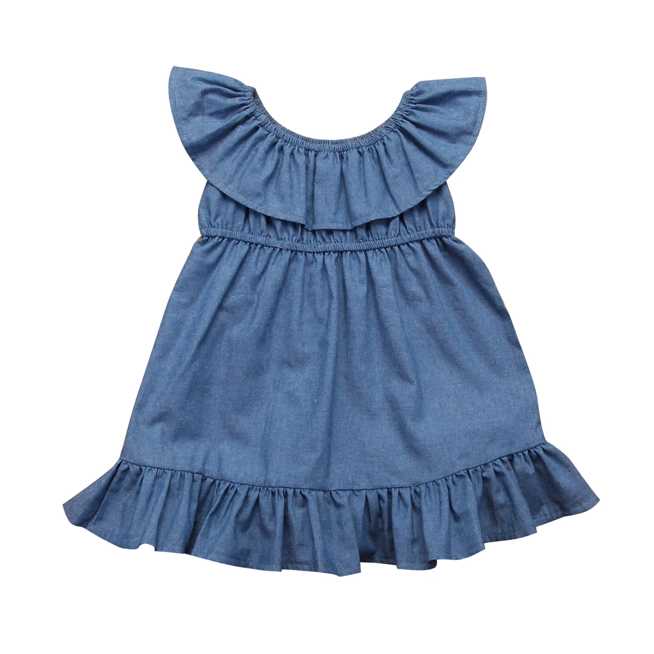 

2018 NEW Flower Kids Baby Girl Ruffles Denim Princess Dress Party Wedding Long Dresses 2-7T