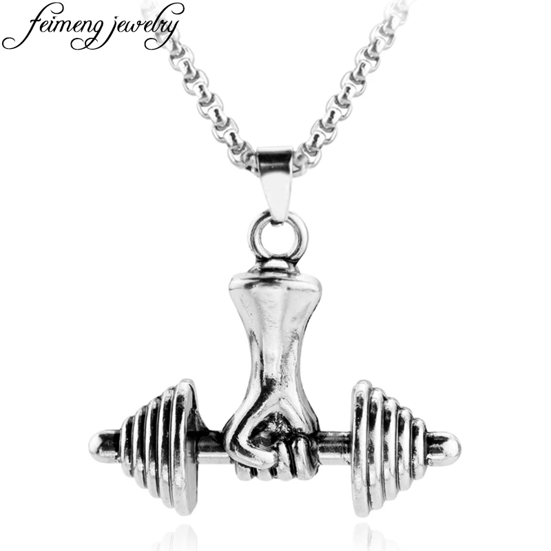 Fashion Cool Male Dumbbell Necklace Charm Silvery Fitness Barbell Stainless Chain Pendant