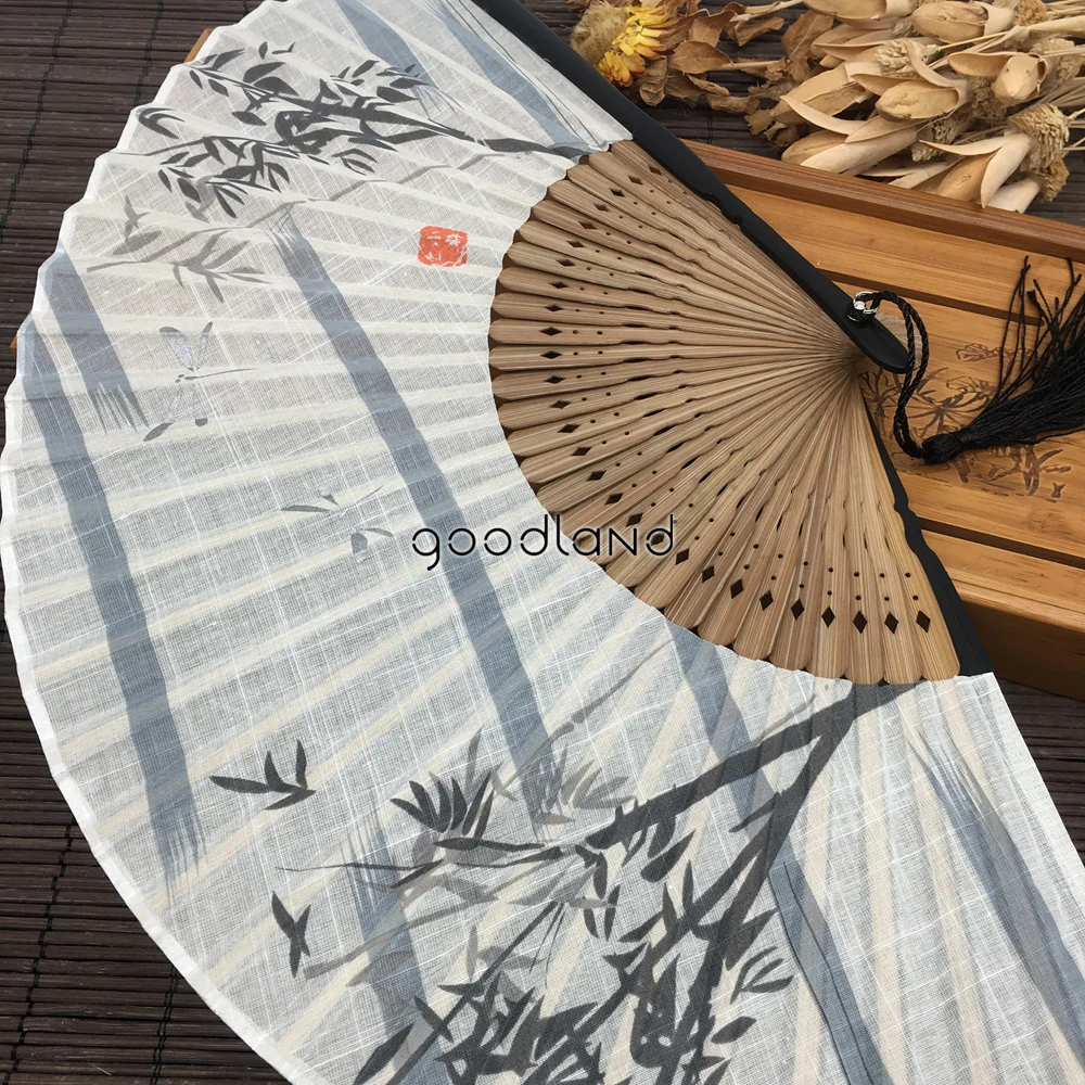 1 шт. Высокое качество китайский dhyana стиль белый черный серый льняная ткань бамбука складной Ручной Веер летнее искусство