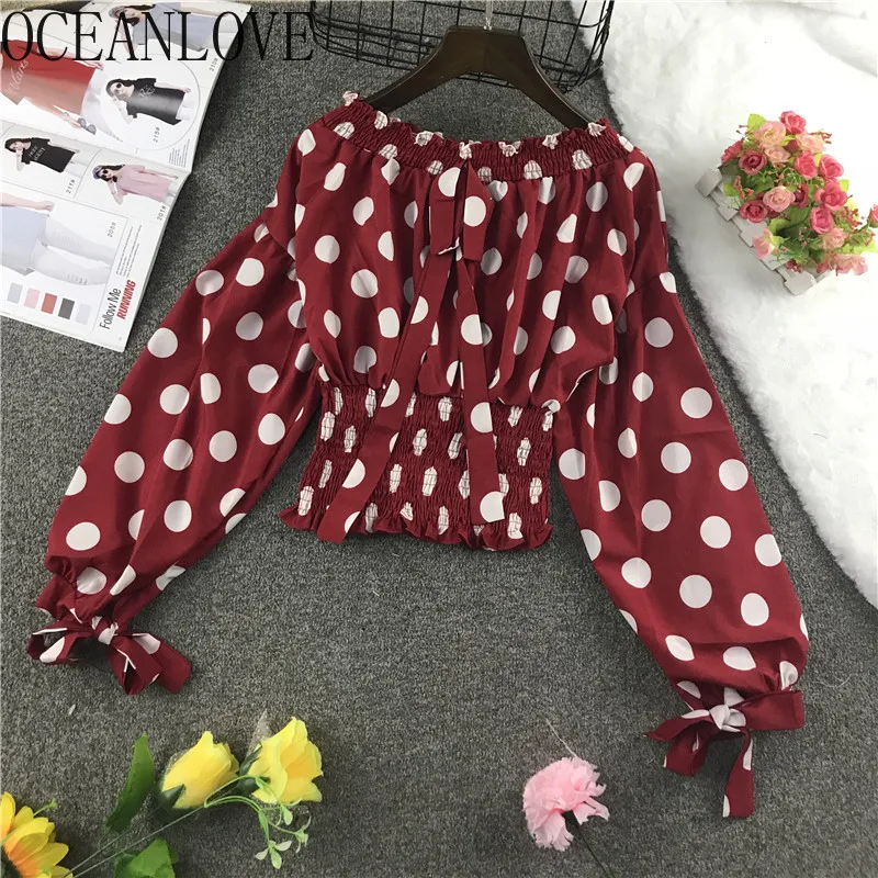 

OCEANLOVE Off Shoulder Top Chiffon Polka Dot Puff Sleeve Korean Shirts 2019 Autumn Slash Neck Pleated Slim Short Blusas 12588