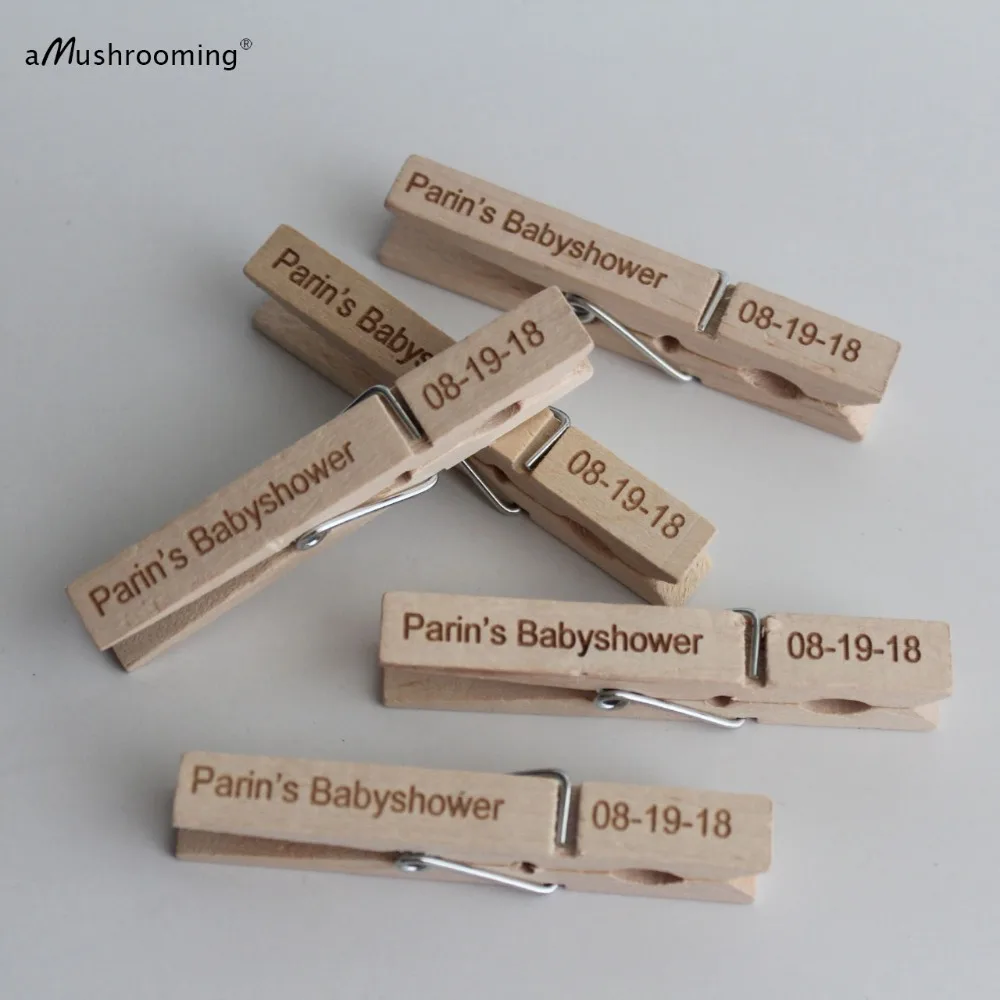 50 Personalized Large Wooden Mini Clothespins Engraved Baby Shower