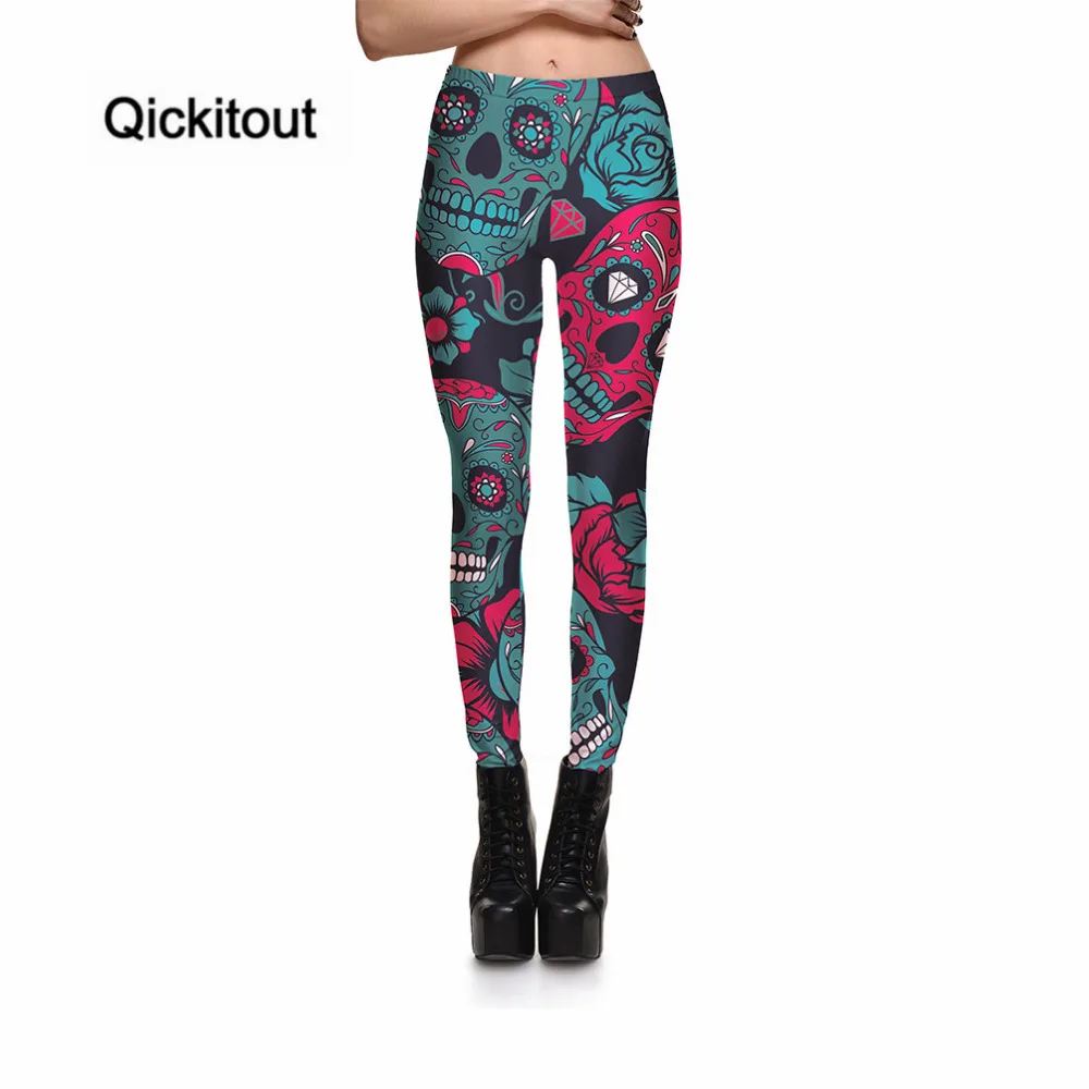 Kopen Qickitout Groothandel Slanke vrouwen Zwarte Broek Nieuwe Digitale Afdrukken Groene amp; rode Schedel Leggings Broek Elastische DropShipping