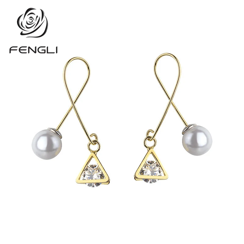 

Gold Cross Pearl and Triangle Drop Earring Balance Style Fashion Women Girl Earrings Statement Anniversary Present Low Price