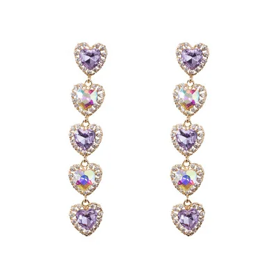 2019 New Long Drop Jewelry Exaggerated Heart Love Purple Crystal Earrings Hanging For Women S925 Silver Needle Tassel Gift E156 | Украшения