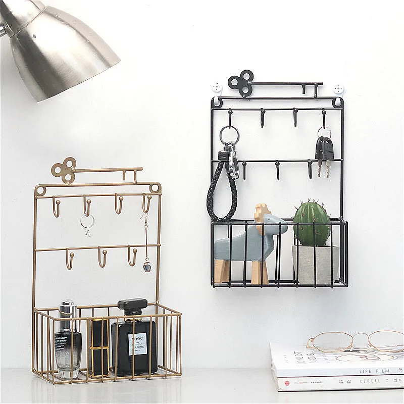 

Nordic Iron Keys Holder Wall Hanging Hooks Rack Hat Groceries Cosmetic Storage Basket Shelf Coat Clothes Hanger Home Decorative