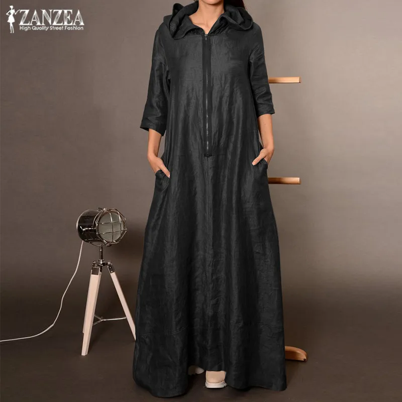 

Plus Size Autumn Hooded Dress Women's Sundress 2019 ZANZEA Punk Casual Zipper Long Vestidos Female Long Sleeve Tunic Robe Femme