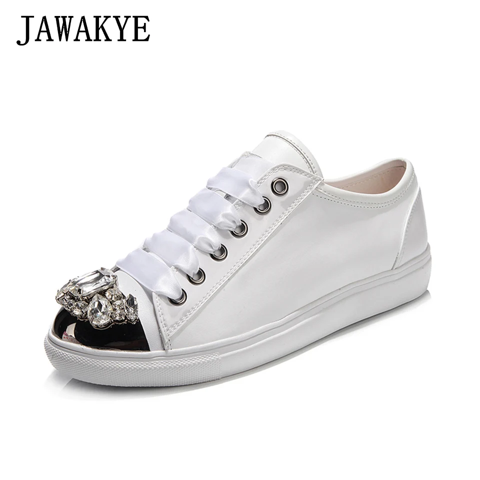 

Women Rhinestone Round toe Flat Shoes Woman Genuine leather Comfortable Lace up Crystal Casual Shoe fashion Sneakers for women