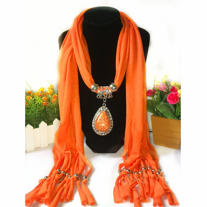 

2018 Women Jewelry Tassels Scarf Necklace Resin Pendant Neckerchief Scarves For Women Polyester Cotton Scarf Female Echarpe