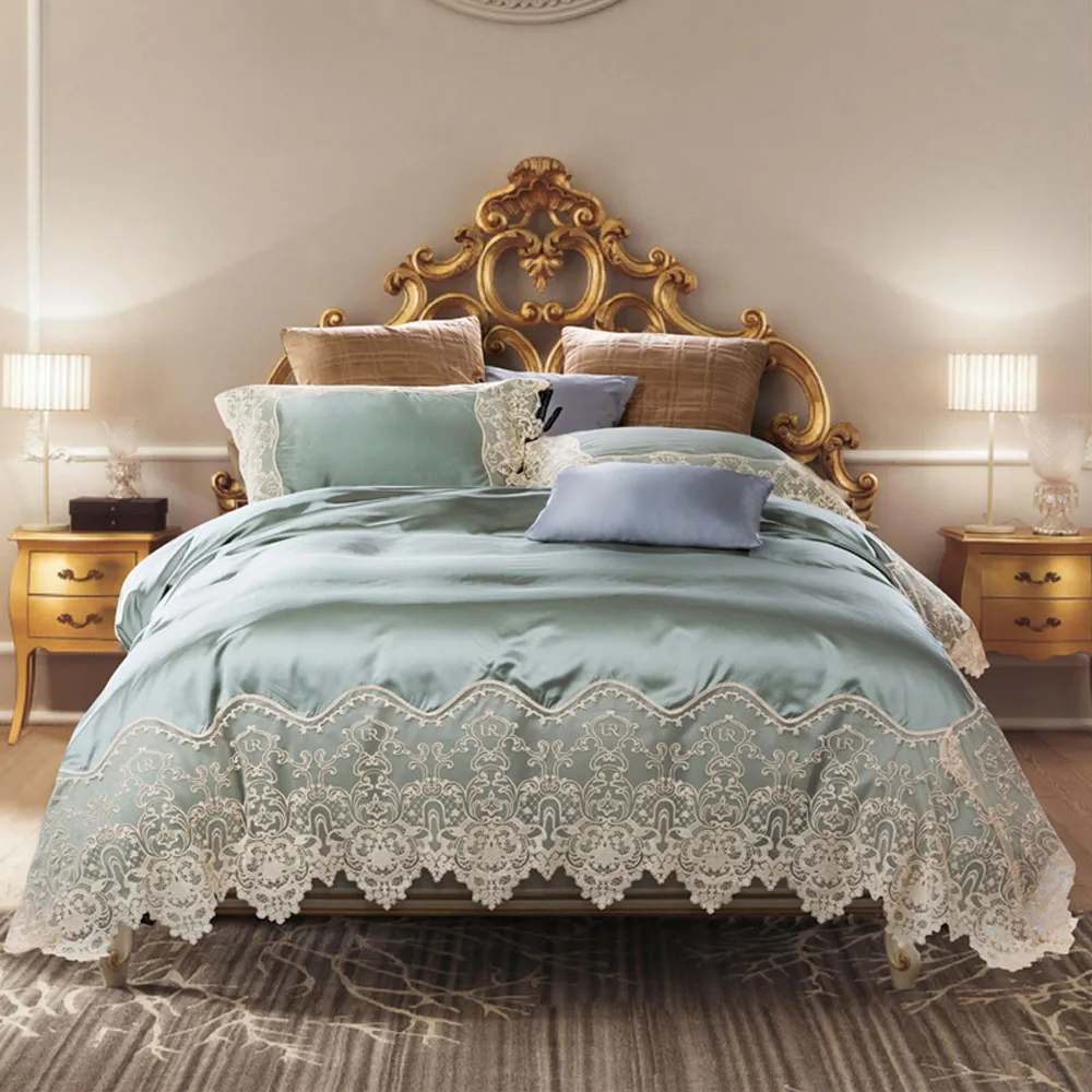 Best Noble Blue 80S Egyptian cotton Embroidered Bedding sets Queen King Luxury Lace Edge Duvet cover Princess Bed sheet set 4pc Solid