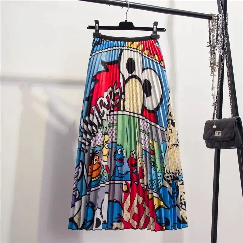 Летняя Европейская Высокая уличная стильная эластичная плиссированная юбка с мультяшным принтом Jupe Femme трапециевидные юбки до середины икры