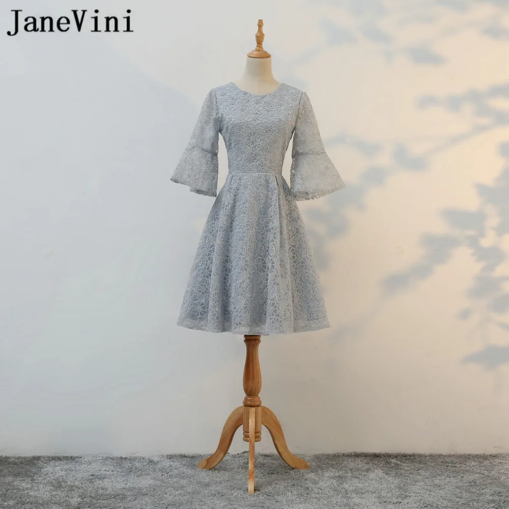 JaneVini/серое короткое платье для свадебной вечеринки, женское платье, кружевное платье подружки невесты с коротким рукавом, платье на молнии сзади, Robe De Chambre Femme