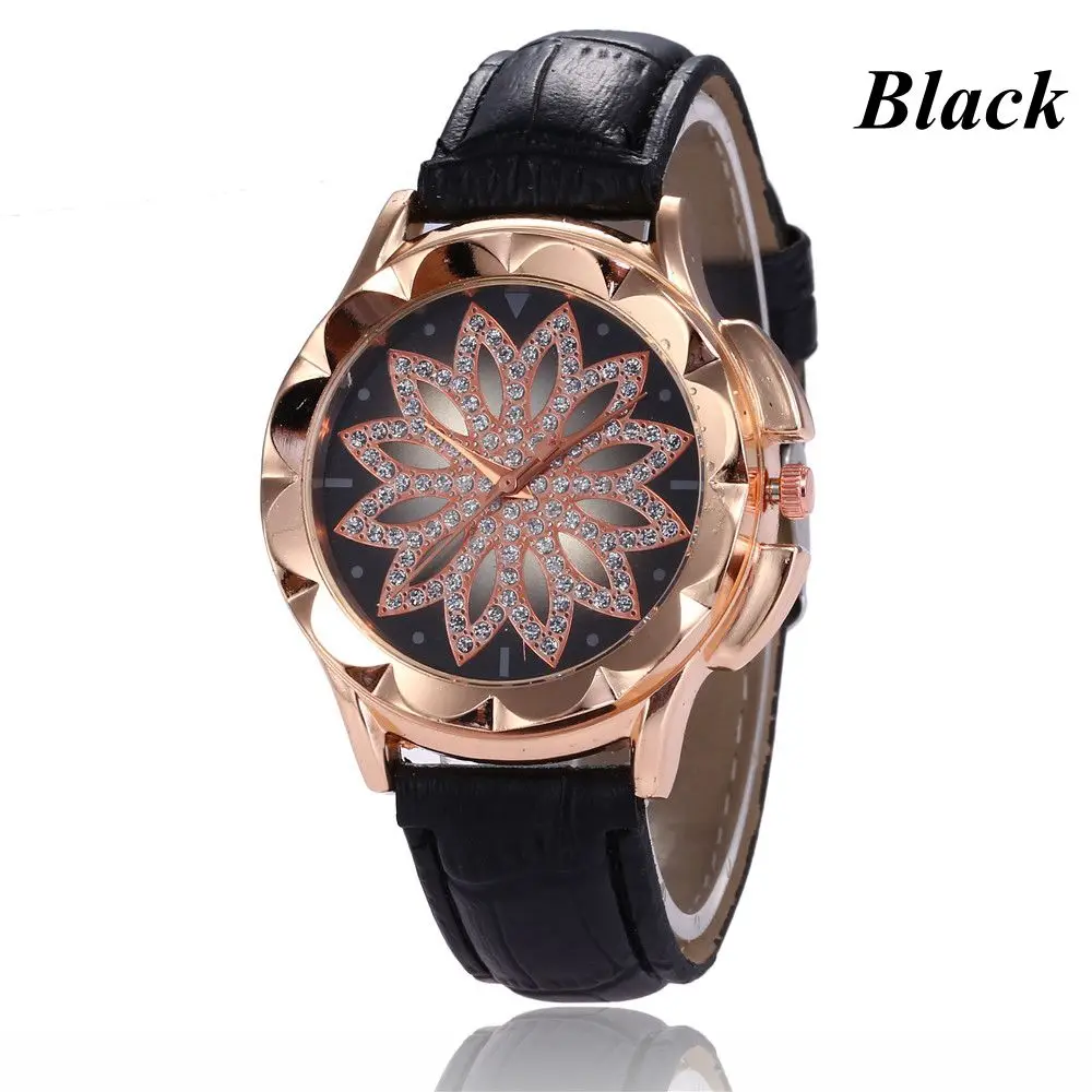 

2018 Crystal Rhinestone Flower PU Leather Strap Quartz Wrist Watch Men Brown Vintage Retro Watches Ladies Bracelet Dress Clocks