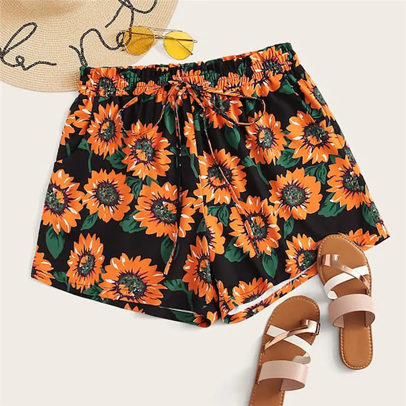 

Sunflower Print High Waist Shorts Elastic Waist Loose Casual Beach Sexy Women Summer Shorts Fashion pantalones cortos mujer #15
