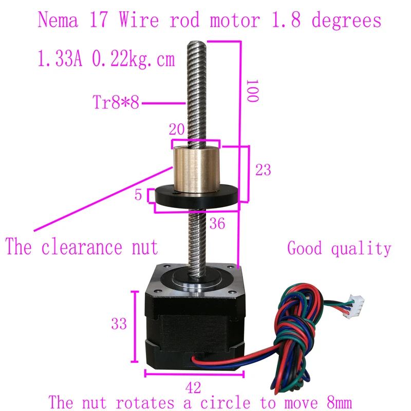 42 винт шаговый вал двигателя Tr8 * 8*100 мм Nema 17 1.33A Nema17 0 22 кг. см линейный двигатель