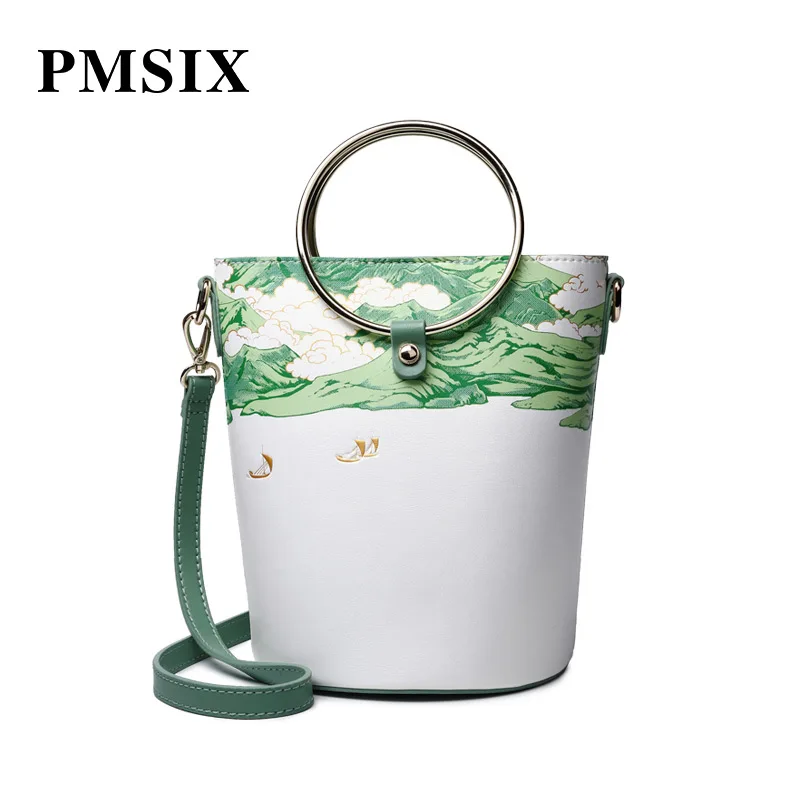 

PMSIX Famous Designer Brand Handbag Multifunction Versatile Casual Cross-body bag Landscape Printed Female Cowhide shoulder bags