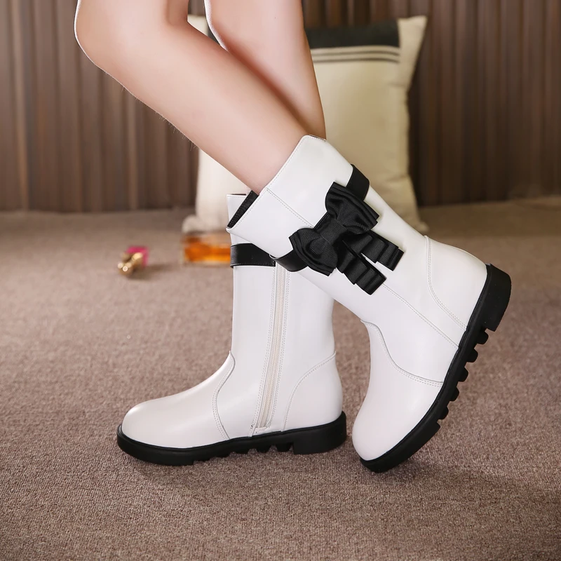 Girls White Genuine Leather Boots Winter Kids Shoes for Children Fur Snow Boots Bow Plush Warm Fashion Boots(Little/Big Girls