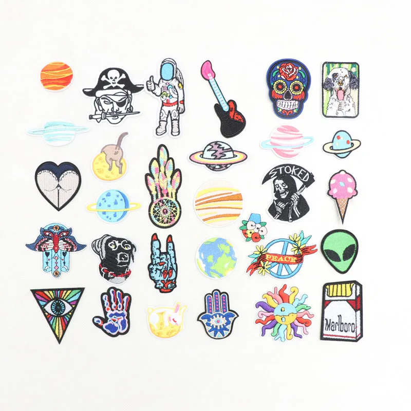 

Punk Rock Skull Dog Embroidery Patches Various Style Flower Rose Skeleton Iron On Biker Patches Clothes Stickers Applique DIY