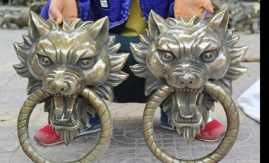 

671115341++++13.5" Chinese Copper House Gate Wolf Beast Head Mask Statue Door Knocker Pair