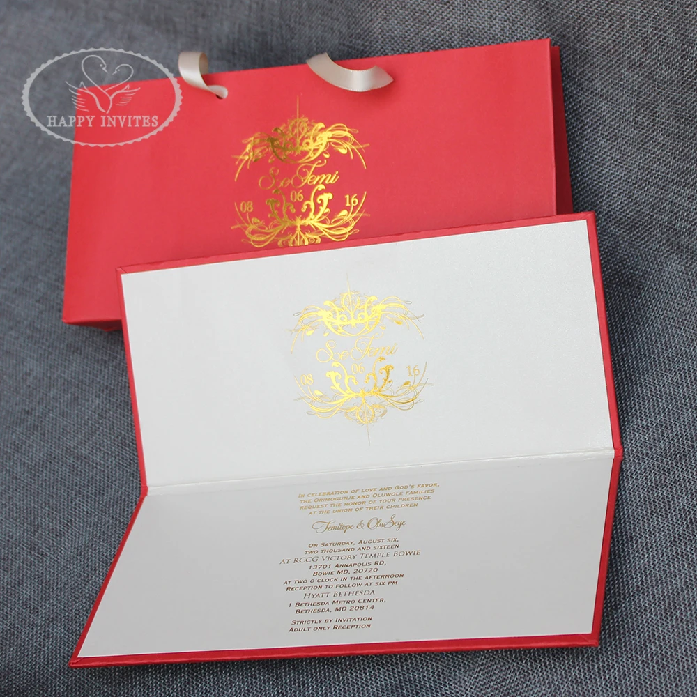 HI1181-03 Customized Red Hardcover Invitation Card Folder with HandBag & Gold Foiling Printing Red Wedding Cards at Factory Wholesal Price Made in China