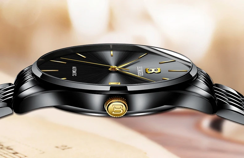 Швейцарские мужские механические часы Бингер с автоматическим механизмом, лучший бренд, Роскошные мужские часы, черные часы из нержавеющей стали