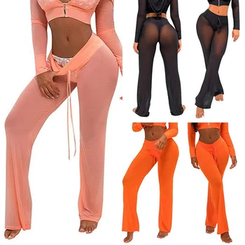 

Women Pants 2018 Sexy Women Beach Mesh Sheer Bikini Cover Swimwear Transparent Long Pant Trousers
