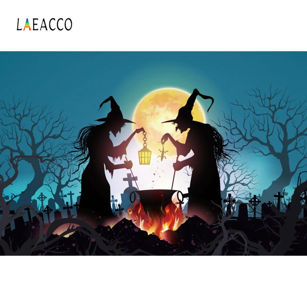 

Laeacco Halloween Moon Strage Trees Witch Magical Photography Backgrounds Customized Photographic Backdrops For Photo Studio