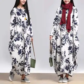 

Kaftan Women's Printed Sundress ZANZEA 2020 Elegant Long Sleeve Floral Dress Linen Maxi Vestidos Woman Plus Size Tunic Robe 5XL