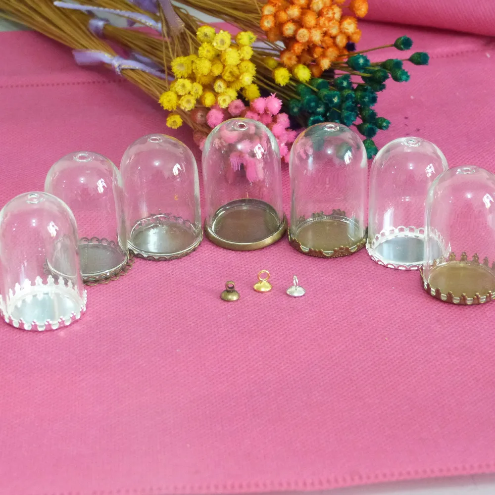 

5set-25*38mm Bell shape clear glass bubble bottle top with hole & tray & top connector--for DIY necklace accessories