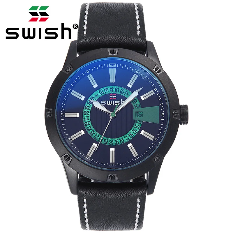 

SWISH Men Watch Green Luxury Fashion Brand Leather Man Sport Watches Mens Watch