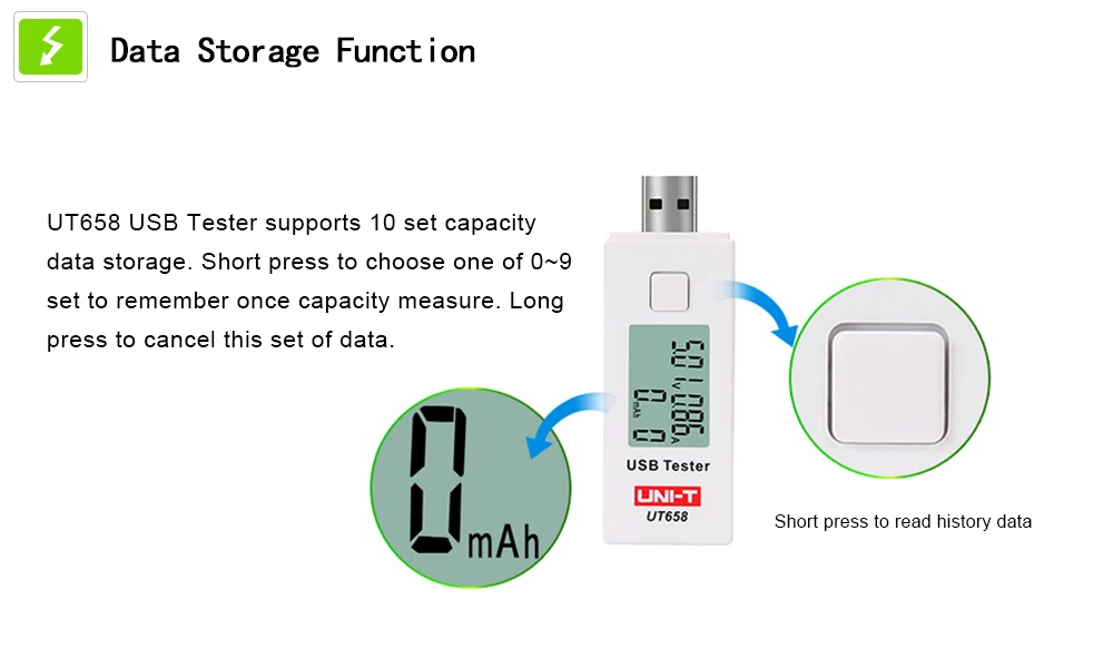 UNI-T UT658 USB цифровой Ток Напряжение Тестеры U диск Вольтметр для зарядного устройства мощность амперметра тестер макс 9 В хранения данных подсветка