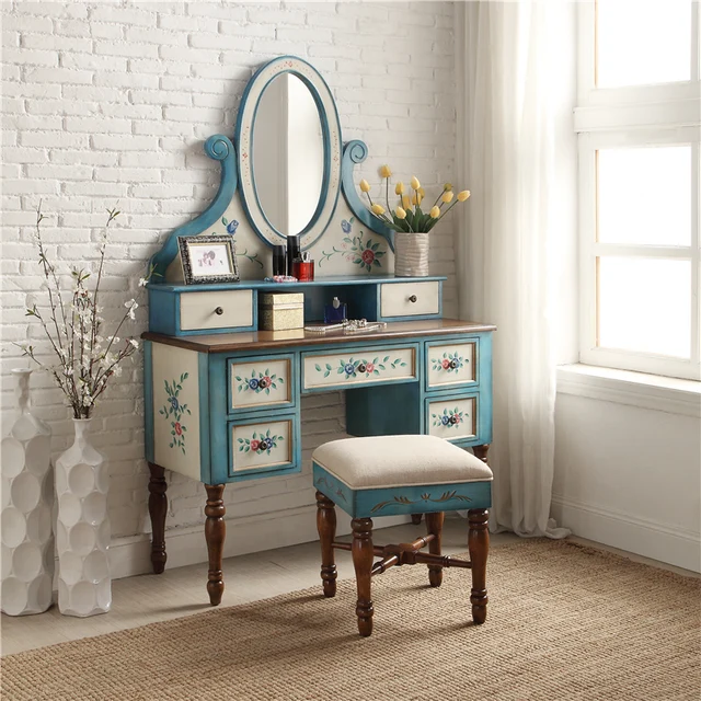 EMS FREE Solid Wood Bedroom Dressers Table Modern Small Apartment Blue Dressing Table + Makeup