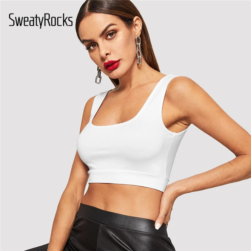 

SweatyRocks Solid Crop Tank Top Fitness Scoop Neck Active Wear Skinny Sport Bra 2019 Summer Fashion Women Workout White Crop Top
