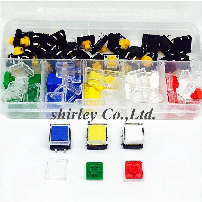 

7Types=66PCS Tactile Push Button Switch Momentary 12*12*7.3MM Micro switch button30PCS Tact Cap(6 colors) for Arduino 12X12X7.3