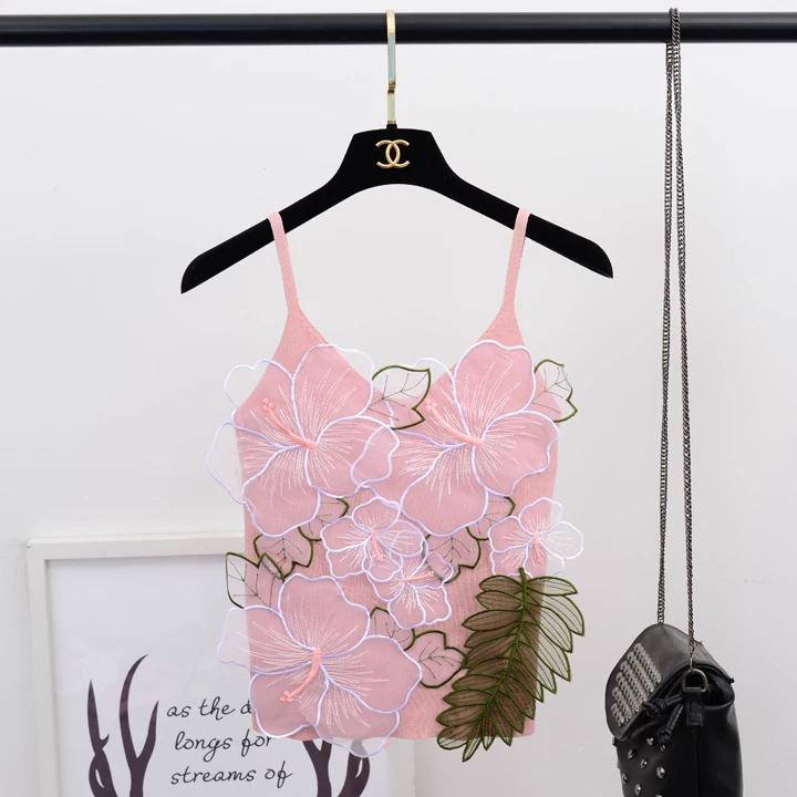 Летний сладкий цветочный Вышивка Майки модные тонкие короткие майки элегантный вязаный майка Для женщин универсальные Для женщин одежда Mw609 - Цвет: Розовый