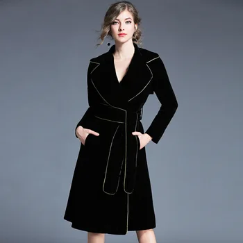 

Spring Autumn Clothing Solid Color Lady Long Windbreak Gold velvet Slim Women Trench Coat With Belt outwear Coat